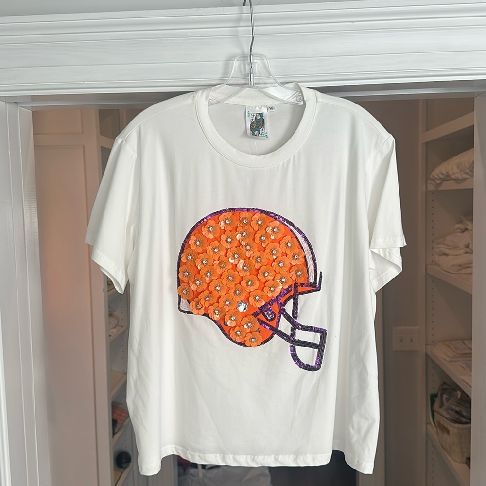 QUEEN OF SPARKLES Orange & Purple football helmet tee. NEW WITH TAGS.